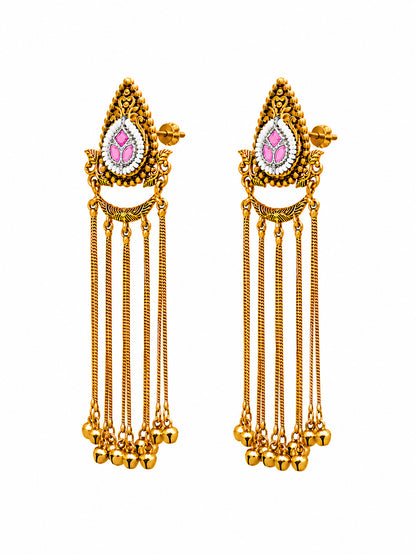 Matte Gold Plated Drop Chandelier Earrings with Ghungroo for Women - Light Pink (SJE_339_LP)