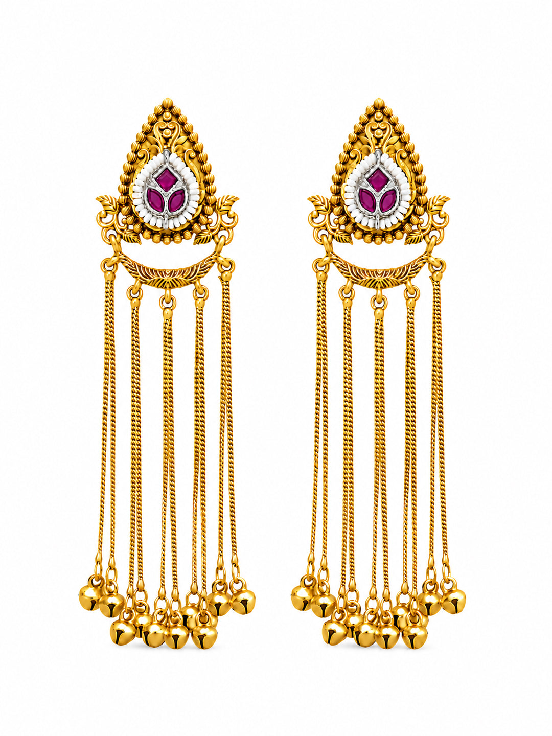 Matte Gold Plated Drop Chandelier Earrings with Ghungroo for Women - Maroon (SJE_339_M)