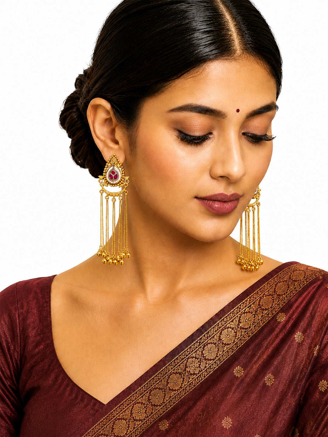 Matte Gold Plated Drop Chandelier Earrings with Ghungroo for Women - Maroon (SJE_339_M)