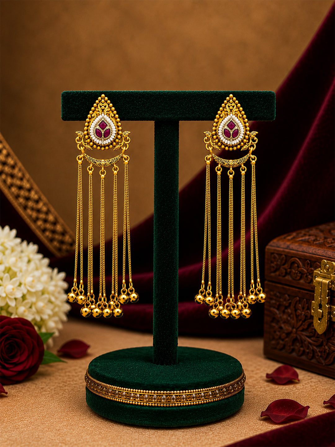 Matte Gold Plated Drop Chandelier Earrings with Ghungroo for Women - Maroon (SJE_339_M)