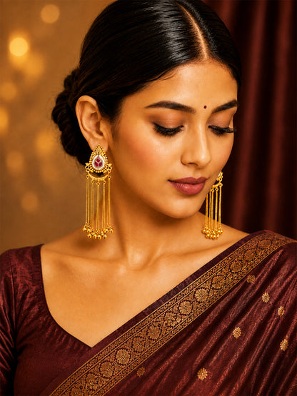 Matte Gold Plated Drop Chandelier Earrings with Ghungroo for Women - Maroon (SJE_339_M)