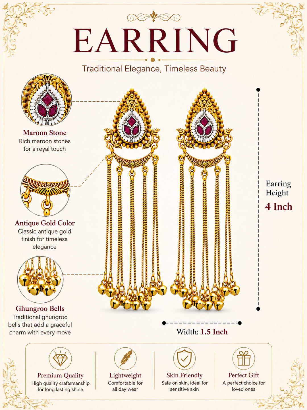 Matte Gold Plated Drop Chandelier Earrings with Ghungroo for Women - Maroon (SJE_339_M)