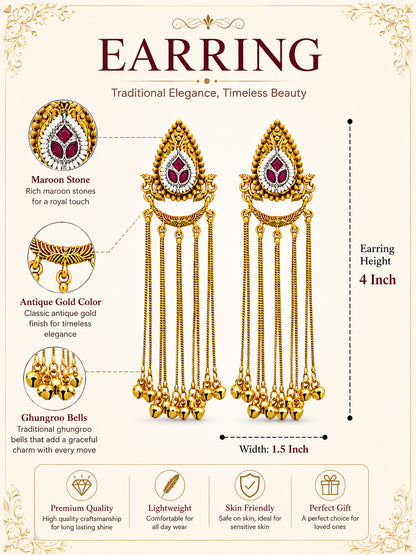 Matte Gold Plated Drop Chandelier Earrings with Ghungroo for Women - Maroon (SJE_339_M)