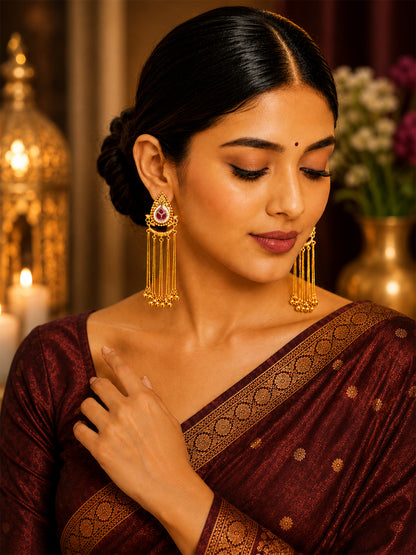 Matte Gold Plated Drop Chandelier Earrings with Ghungroo for Women - Maroon (SJE_339_M)