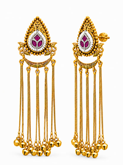 Matte Gold Plated Drop Chandelier Earrings with Ghungroo for Women - Maroon (SJE_339_M)