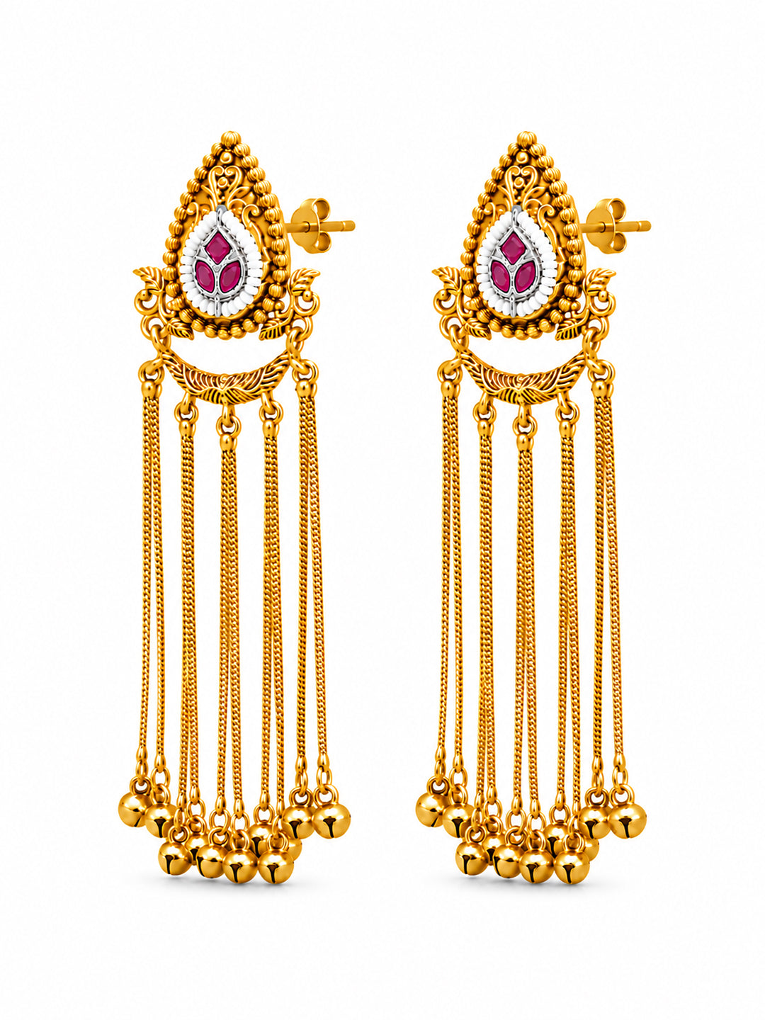 Matte Gold Plated Drop Chandelier Earrings with Ghungroo for Women - Maroon (SJE_339_M)