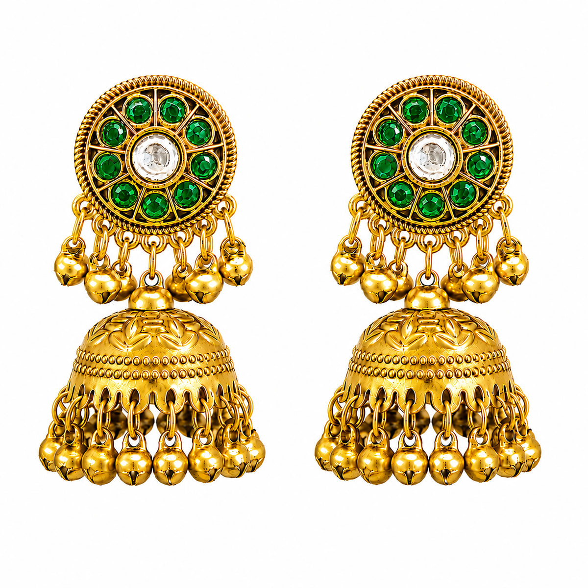 Matte Gold Plated Medium sized Jhumka Earings with Kundan Polki Ghungroo Pearls for Women - Green (SJE_340_G)