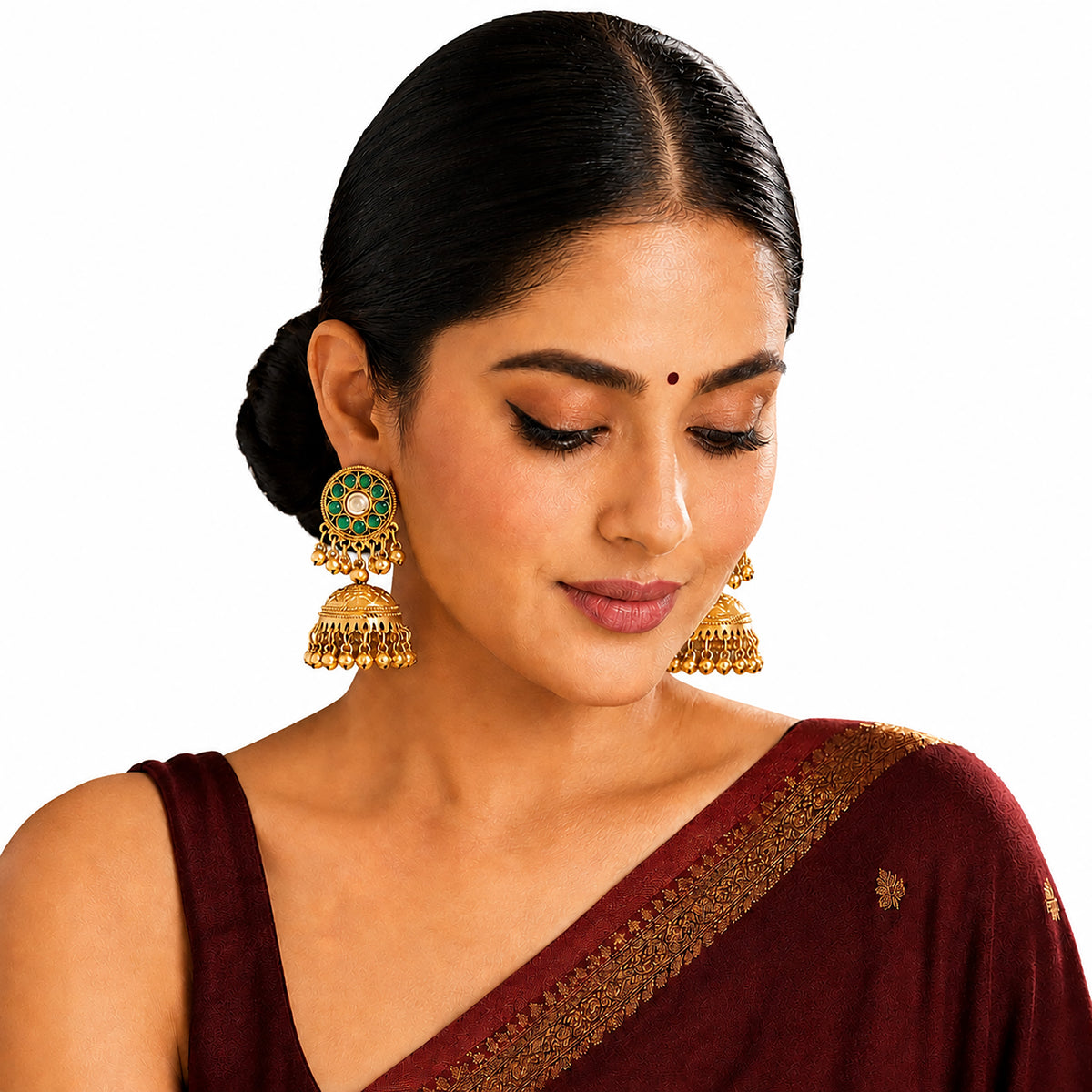 Matte Gold Plated Medium sized Jhumka Earings with Kundan Polki Ghungroo Pearls for Women - Green (SJE_340_G)