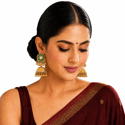 Matte Gold Plated Medium sized Jhumka Earings with Kundan Polki Ghungroo Pearls for Women - Green (SJE_340_G)