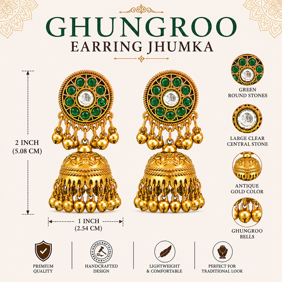 Matte Gold Plated Medium sized Jhumka Earings with Kundan Polki Ghungroo Pearls for Women - Green (SJE_340_G)