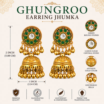 Matte Gold Plated Medium sized Jhumka Earings with Kundan Polki Ghungroo Pearls for Women - Green (SJE_340_G)