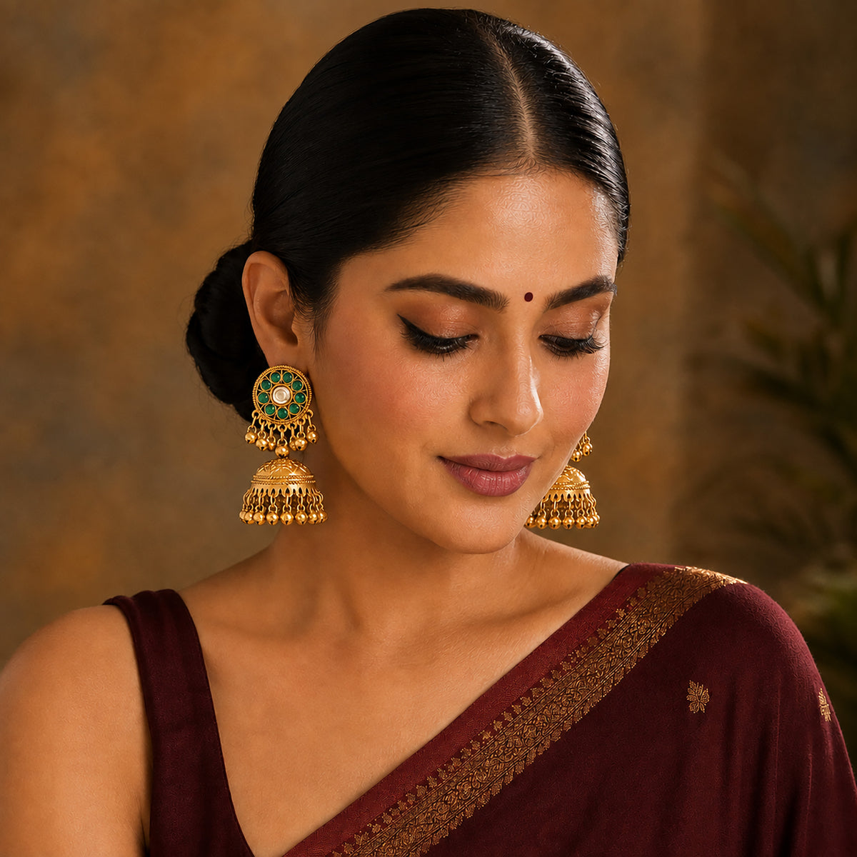 Matte Gold Plated Medium sized Jhumka Earings with Kundan Polki Ghungroo Pearls for Women - Green (SJE_340_G)