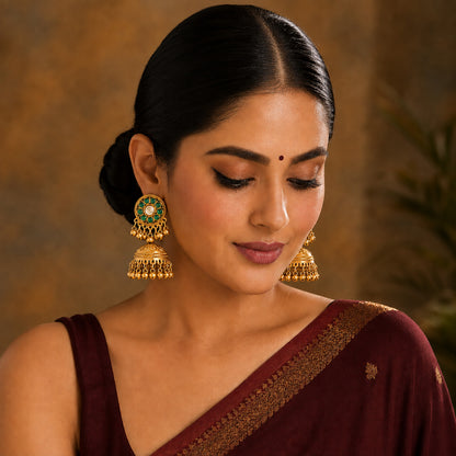 Matte Gold Plated Medium sized Jhumka Earings with Kundan Polki Ghungroo Pearls for Women - Green (SJE_340_G)