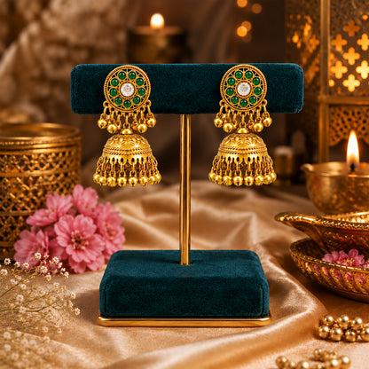 Matte Gold Plated Medium sized Jhumka Earings with Kundan Polki Ghungroo Pearls for Women - Green (SJE_340_G)