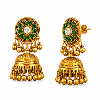 Matte Gold Plated Medium sized Jhumka Earings with Kundan Polki Ghungroo Pearls for Women - Green (SJE_340_G)