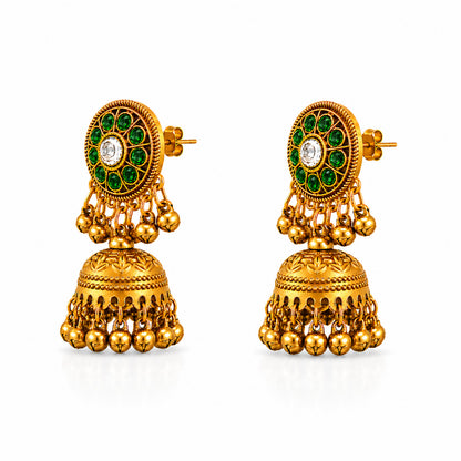 Matte Gold Plated Medium sized Jhumka Earings with Kundan Polki Ghungroo Pearls for Women - Green (SJE_340_G)