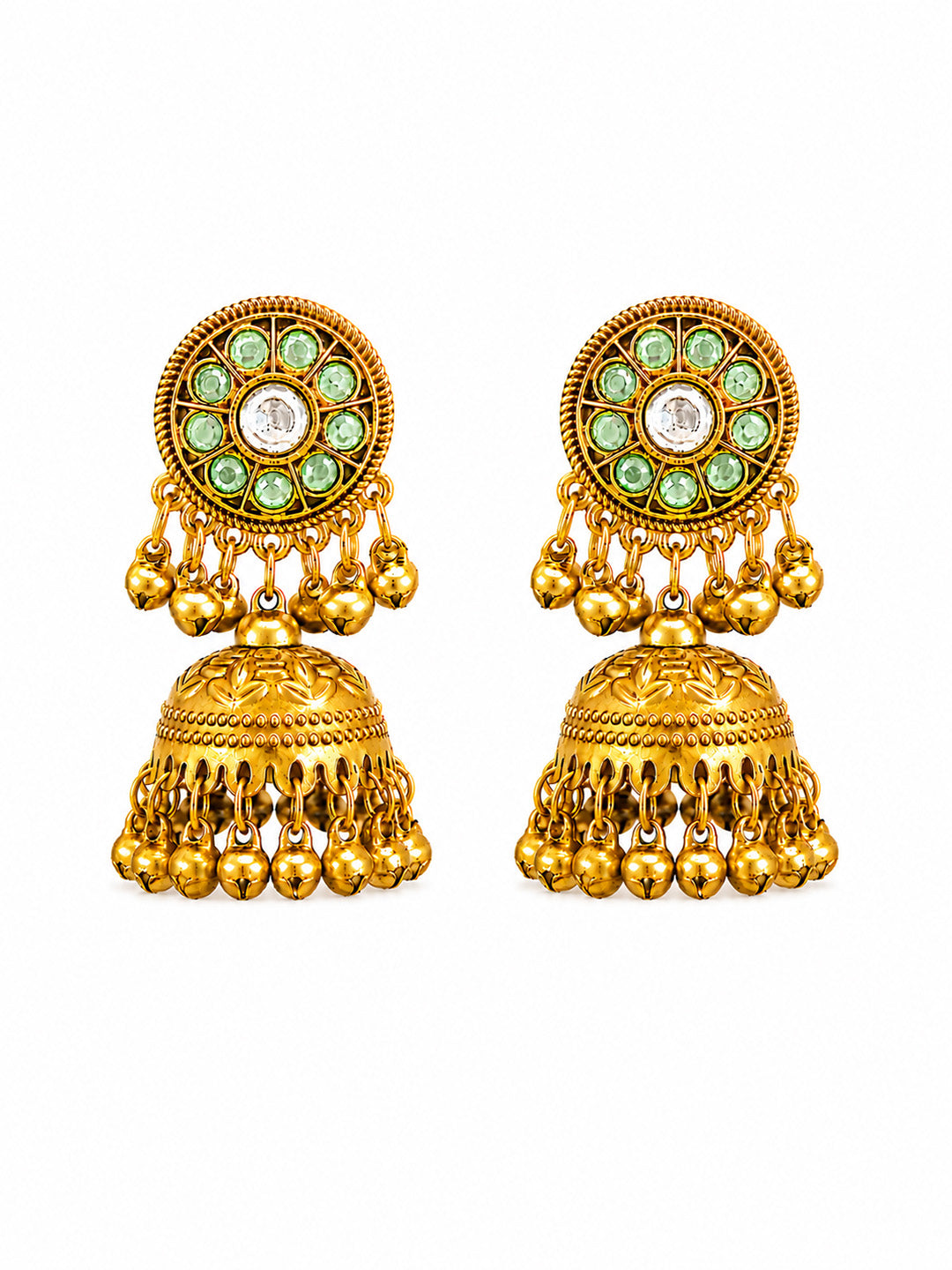 Matte Gold Plated Medium sized Jhumka Earings with Kundan Polki Ghungroo Pearls for Women - Light Green (SJE_340_LG)