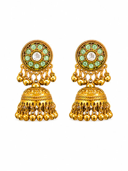 Matte Gold Plated Medium sized Jhumka Earings with Kundan Polki Ghungroo Pearls for Women - Light Green (SJE_340_LG)