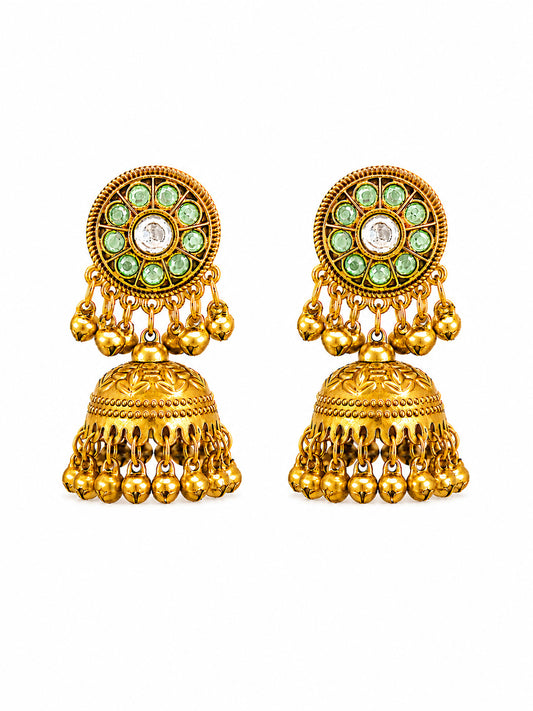 Matte Gold Plated Medium sized Jhumka Earings with Kundan Polki Ghungroo Pearls for Women - Light Green (SJE_340_LG)