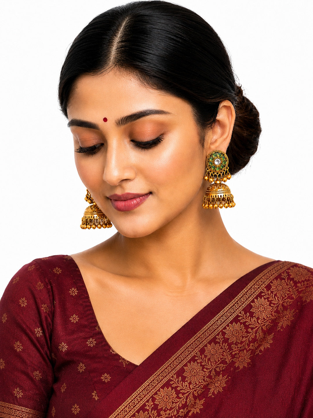 Matte Gold Plated Medium sized Jhumka Earings with Kundan Polki Ghungroo Pearls for Women - Light Green (SJE_340_LG)