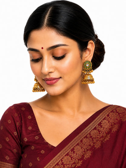 Matte Gold Plated Medium sized Jhumka Earings with Kundan Polki Ghungroo Pearls for Women - Light Green (SJE_340_LG)