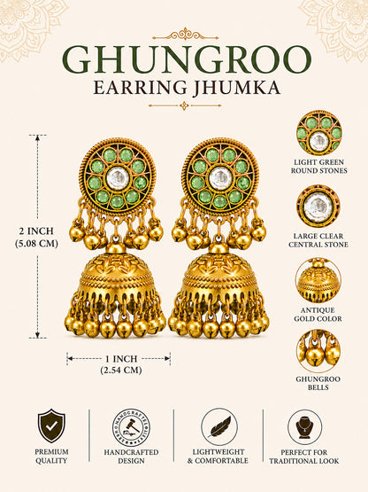 Matte Gold Plated Medium sized Jhumka Earings with Kundan Polki Ghungroo Pearls for Women - Light Green (SJE_340_LG)