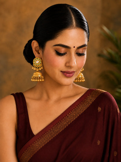 Matte Gold Plated Medium sized Jhumka Earings with Kundan Polki Ghungroo Pearls for Women - Light Green (SJE_340_LG)