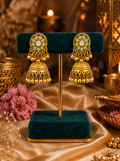 Matte Gold Plated Medium sized Jhumka Earings with Kundan Polki Ghungroo Pearls for Women - Light Green (SJE_340_LG)