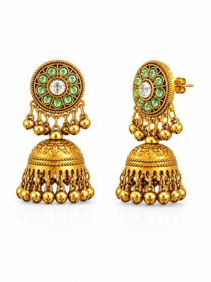 Matte Gold Plated Medium sized Jhumka Earings with Kundan Polki Ghungroo Pearls for Women - Light Green (SJE_340_LG)