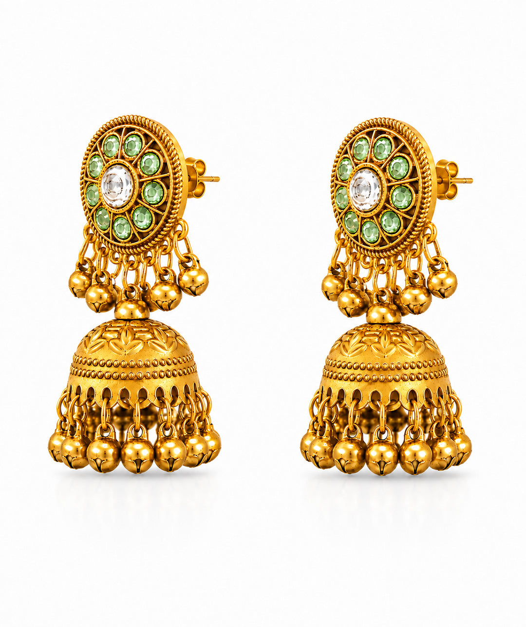 Matte Gold Plated Medium sized Jhumka Earings with Kundan Polki Ghungroo Pearls for Women - Light Green (SJE_340_LG)