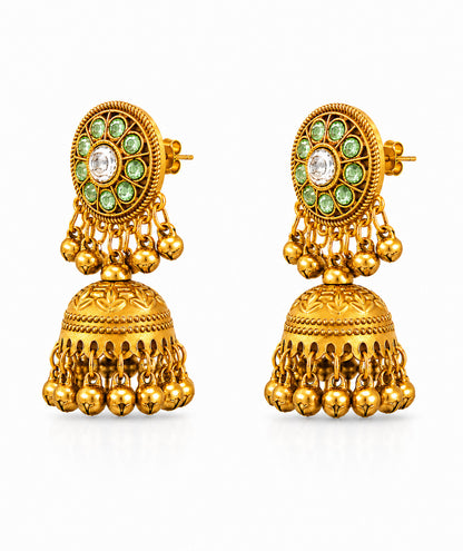 Matte Gold Plated Medium sized Jhumka Earings with Kundan Polki Ghungroo Pearls for Women - Light Green (SJE_340_LG)