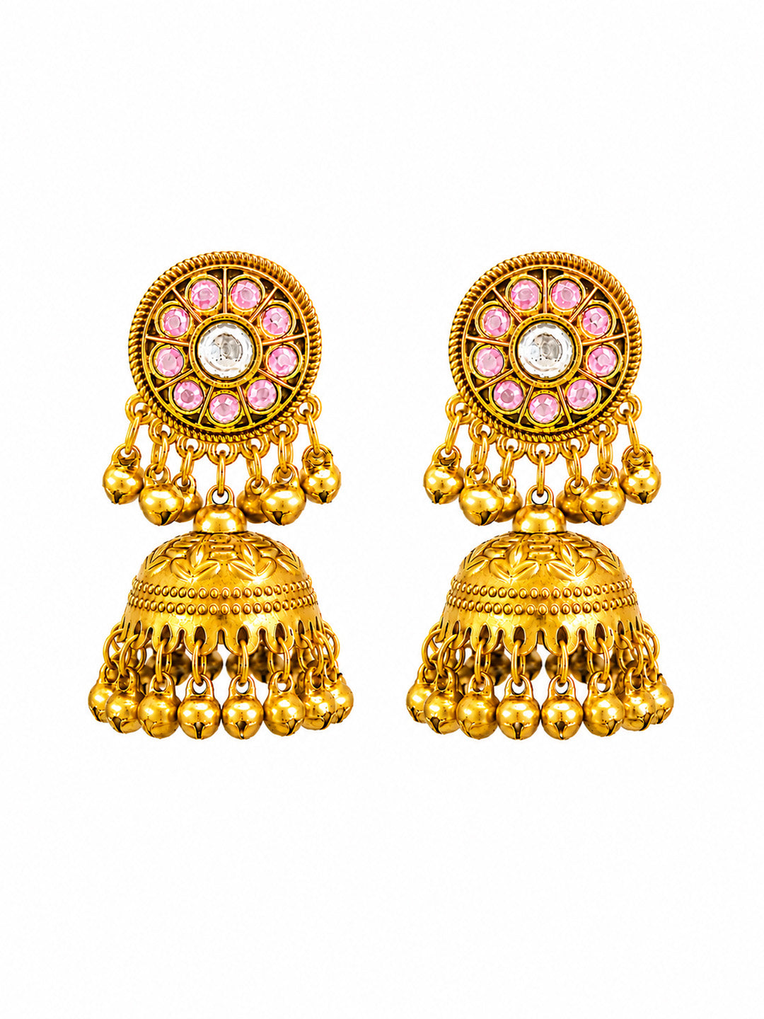 Matte Gold Plated Medium sized Jhumka Earings with Kundan Polki Ghungroo Pearls for Women - Light Pink (SJE_340_LP)