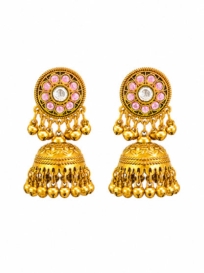 Matte Gold Plated Medium sized Jhumka Earings with Kundan Polki Ghungroo Pearls for Women - Light Pink (SJE_340_LP)
