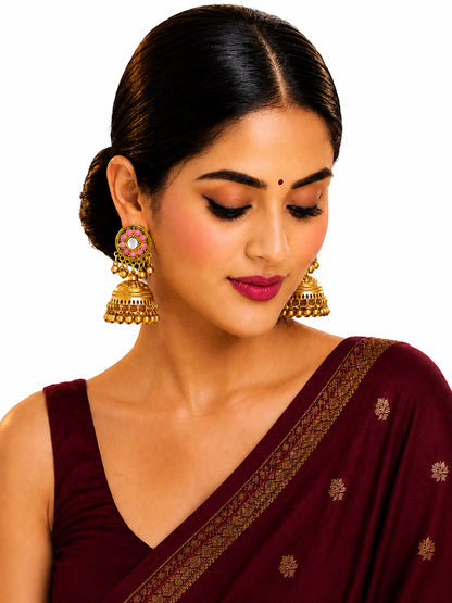 Matte Gold Plated Medium sized Jhumka Earings with Kundan Polki Ghungroo Pearls for Women - Light Pink (SJE_340_LP)
