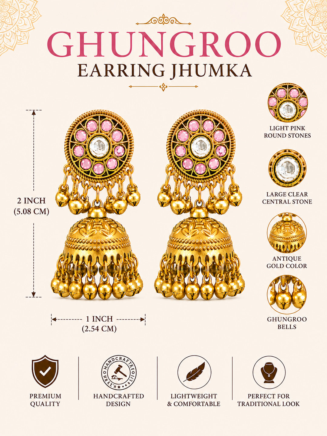 Matte Gold Plated Medium sized Jhumka Earings with Kundan Polki Ghungroo Pearls for Women - Light Pink (SJE_340_LP)