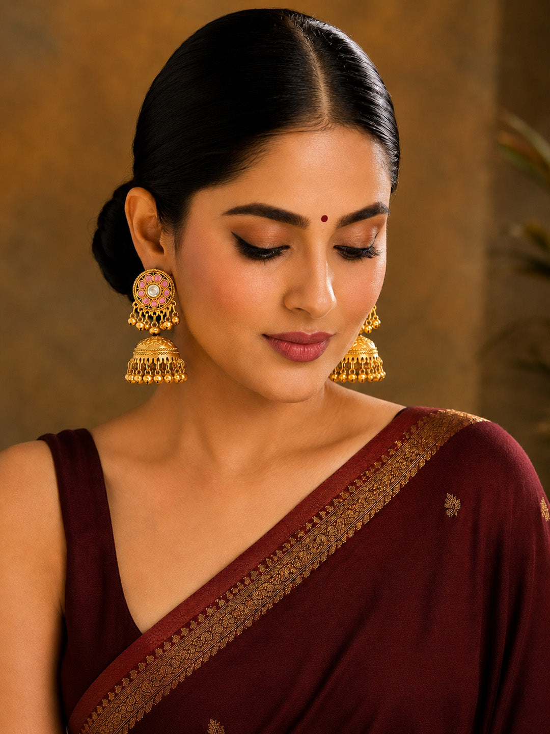 Matte Gold Plated Medium sized Jhumka Earings with Kundan Polki Ghungroo Pearls for Women - Light Pink (SJE_340_LP)