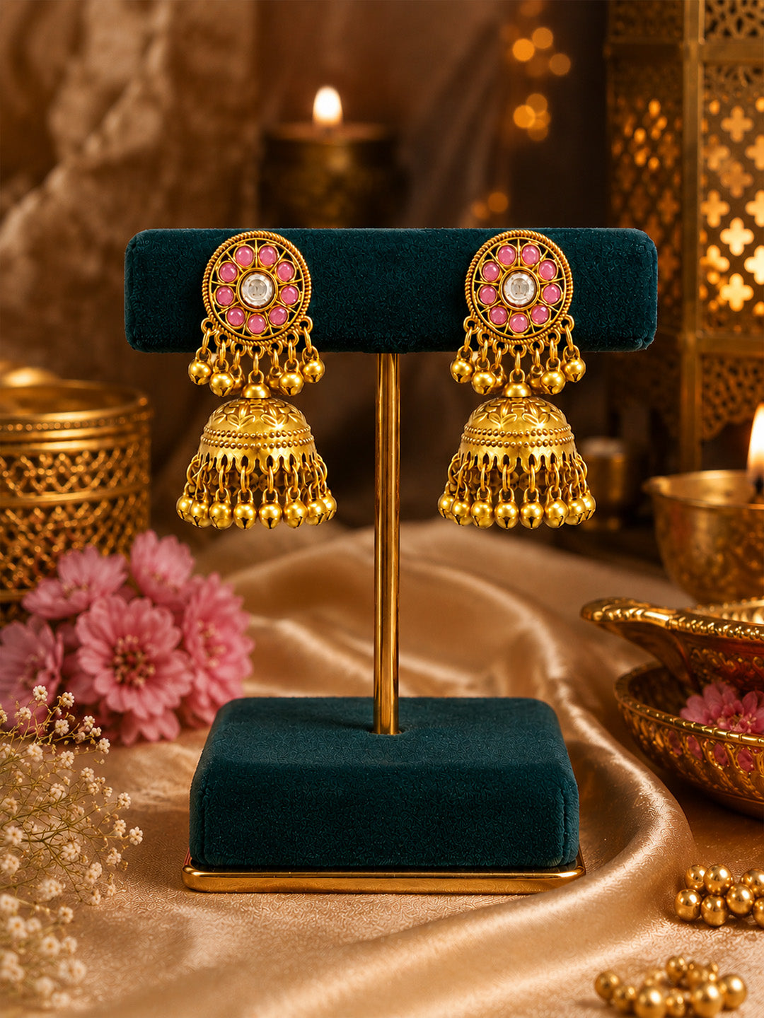 Matte Gold Plated Medium sized Jhumka Earings with Kundan Polki Ghungroo Pearls for Women - Light Pink (SJE_340_LP)