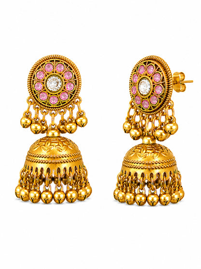 Matte Gold Plated Medium sized Jhumka Earings with Kundan Polki Ghungroo Pearls for Women - Light Pink (SJE_340_LP)