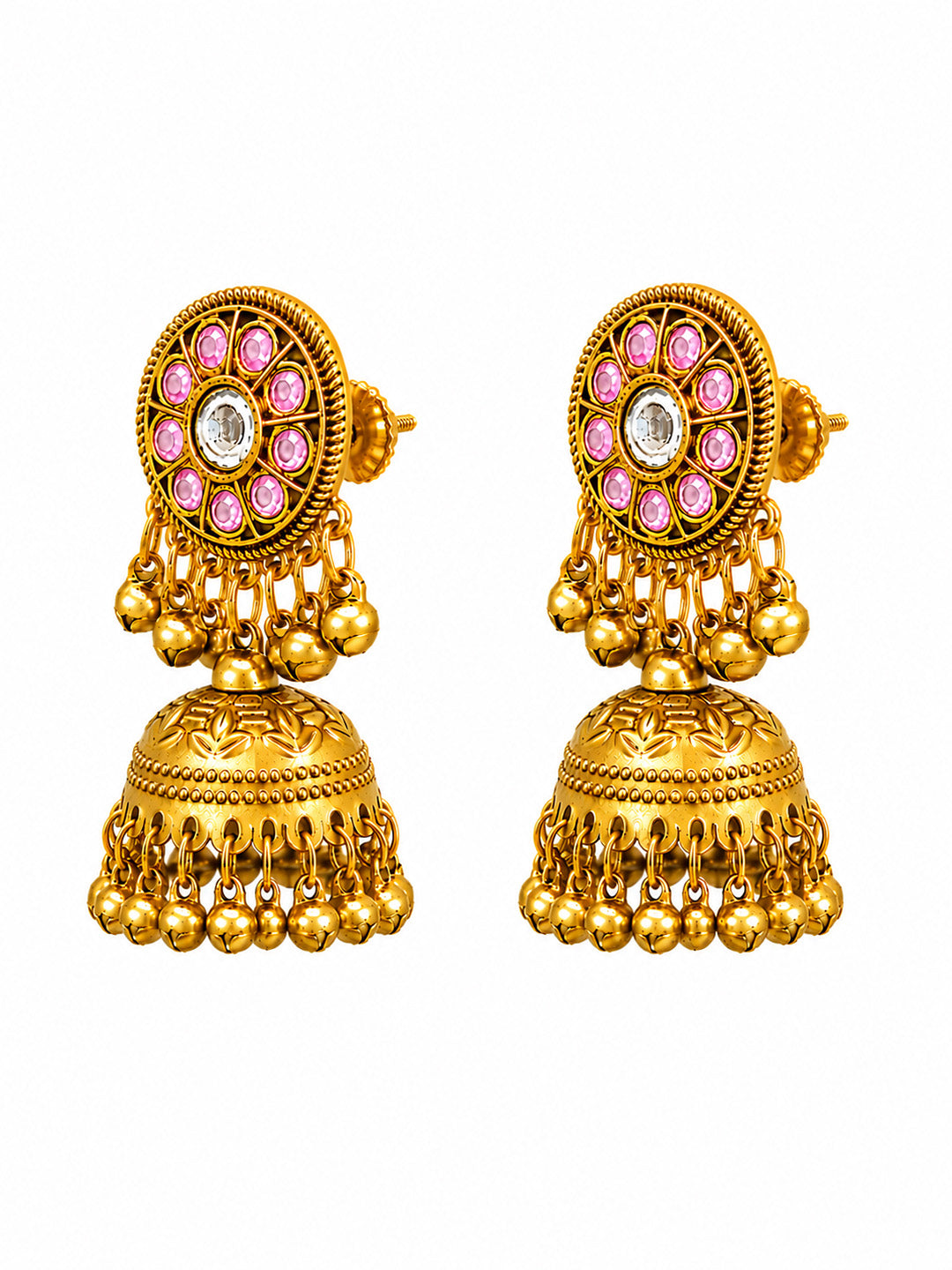 Matte Gold Plated Medium sized Jhumka Earings with Kundan Polki Ghungroo Pearls for Women - Light Pink (SJE_340_LP)