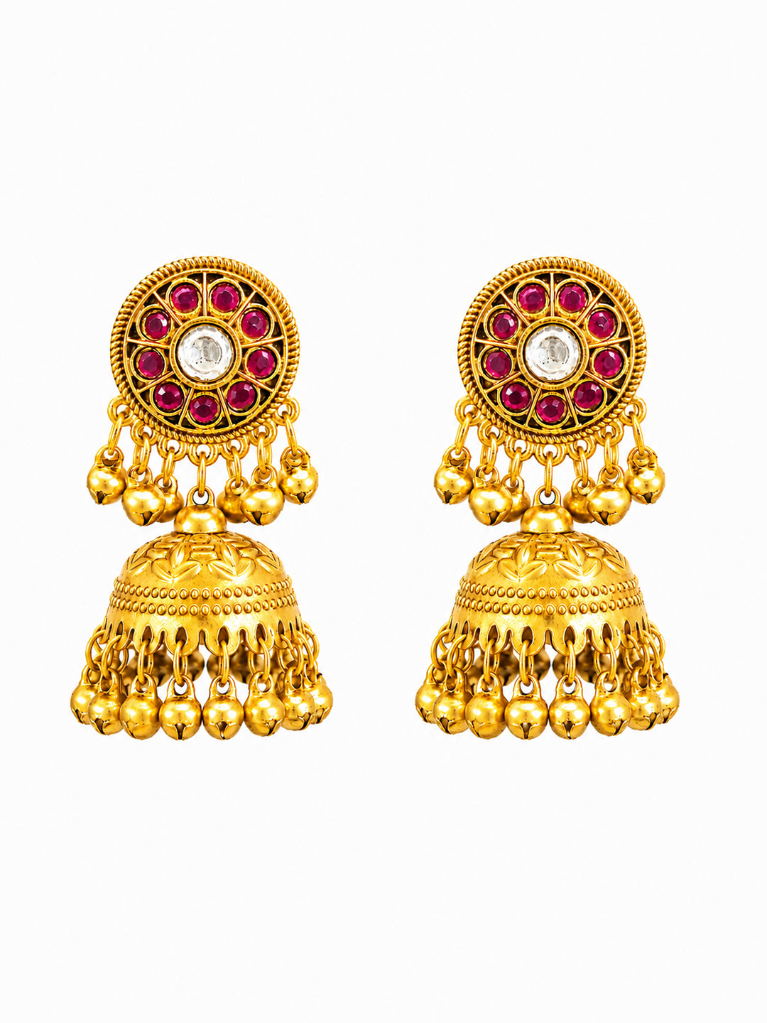 Matte Gold Plated Medium sized Jhumka Earings with Kundan Polki Ghungroo Pearls for Women - Maroon (SJE_340_M)