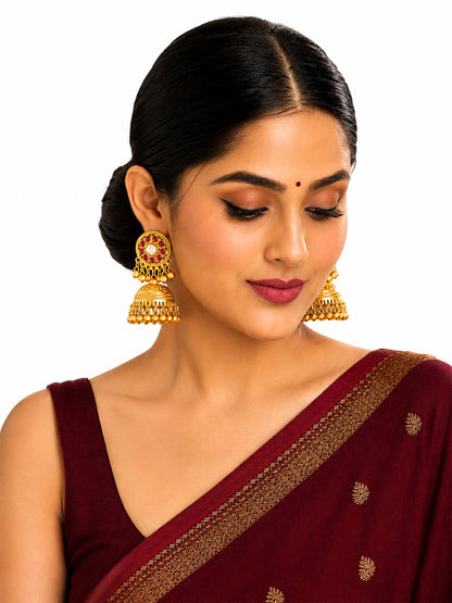 Matte Gold Plated Medium sized Jhumka Earings with Kundan Polki Ghungroo Pearls for Women - Maroon (SJE_340_M)