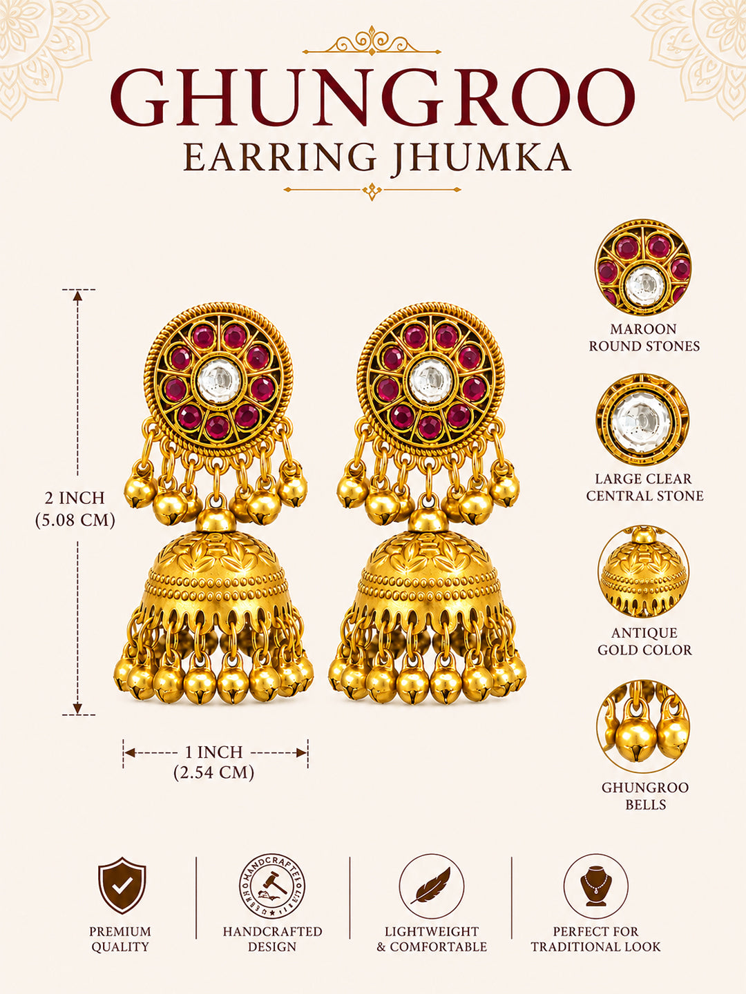 Matte Gold Plated Medium sized Jhumka Earings with Kundan Polki Ghungroo Pearls for Women - Maroon (SJE_340_M)