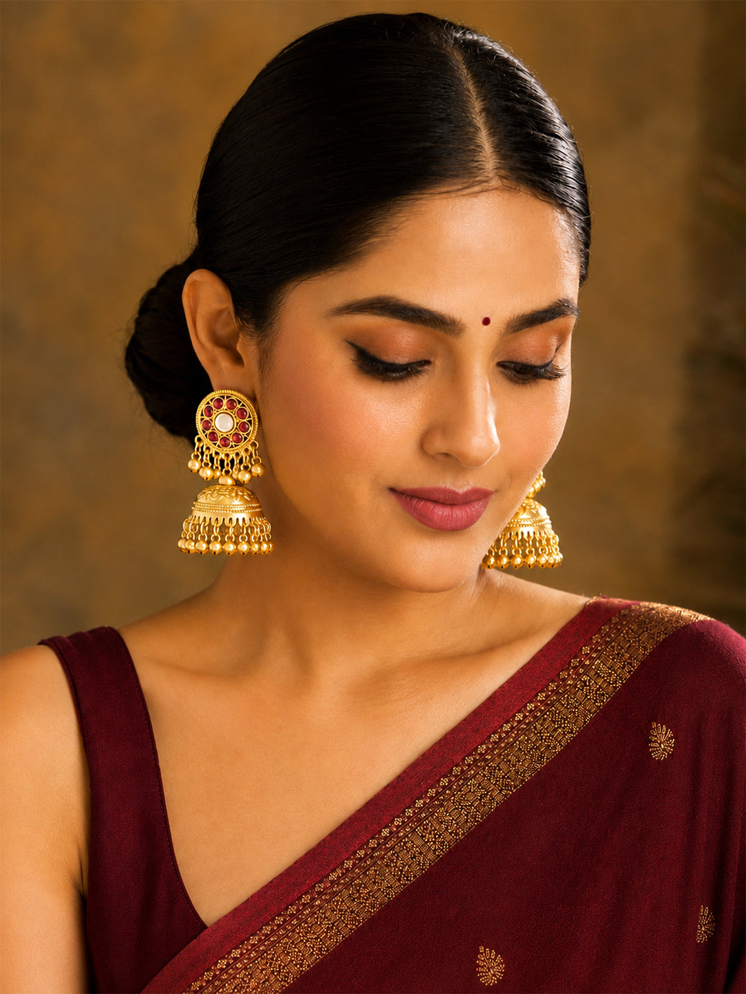 Matte Gold Plated Medium sized Jhumka Earings with Kundan Polki Ghungroo Pearls for Women - Maroon (SJE_340_M)