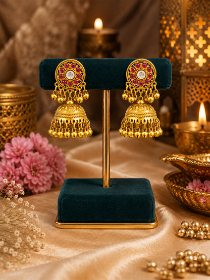 Matte Gold Plated Medium sized Jhumka Earings with Kundan Polki Ghungroo Pearls for Women - Maroon (SJE_340_M)