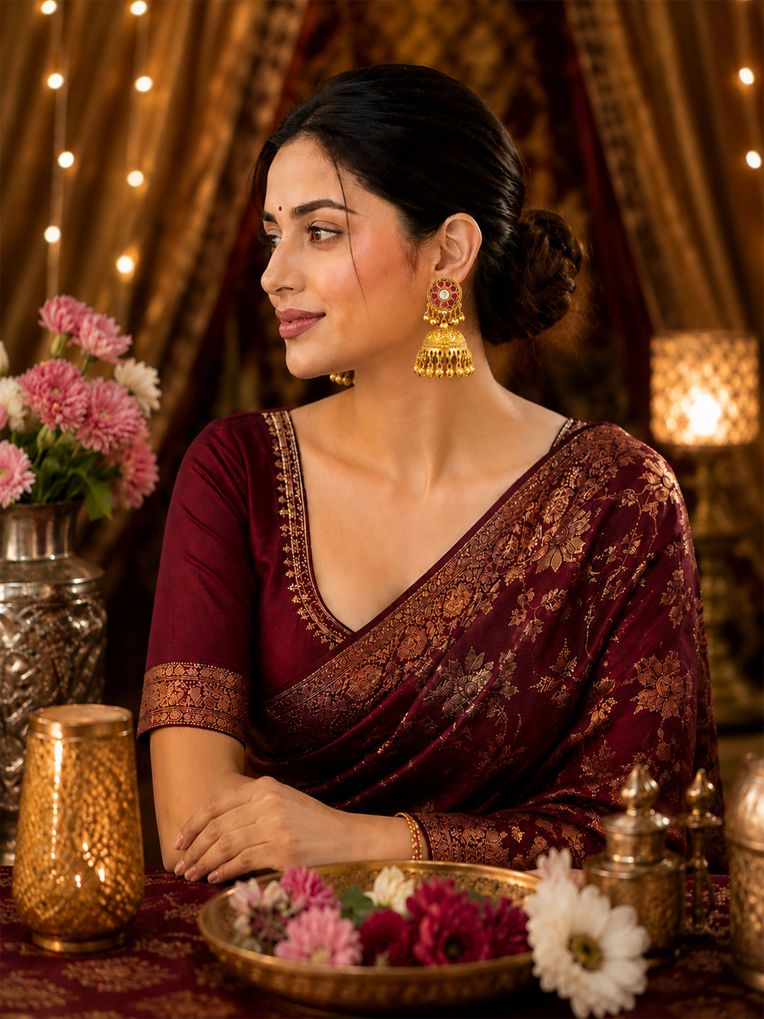 Matte Gold Plated Medium sized Jhumka Earings with Kundan Polki Ghungroo Pearls for Women - Maroon (SJE_340_M)