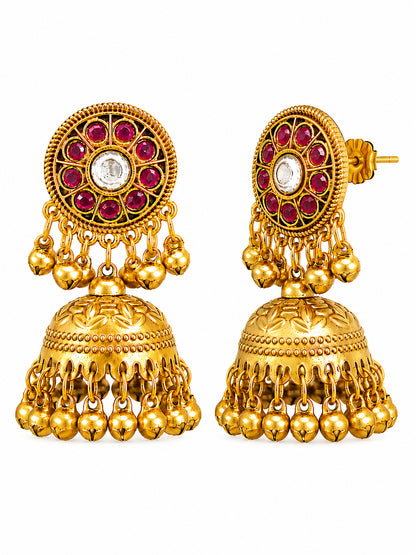 Matte Gold Plated Medium sized Jhumka Earings with Kundan Polki Ghungroo Pearls for Women - Maroon (SJE_340_M)