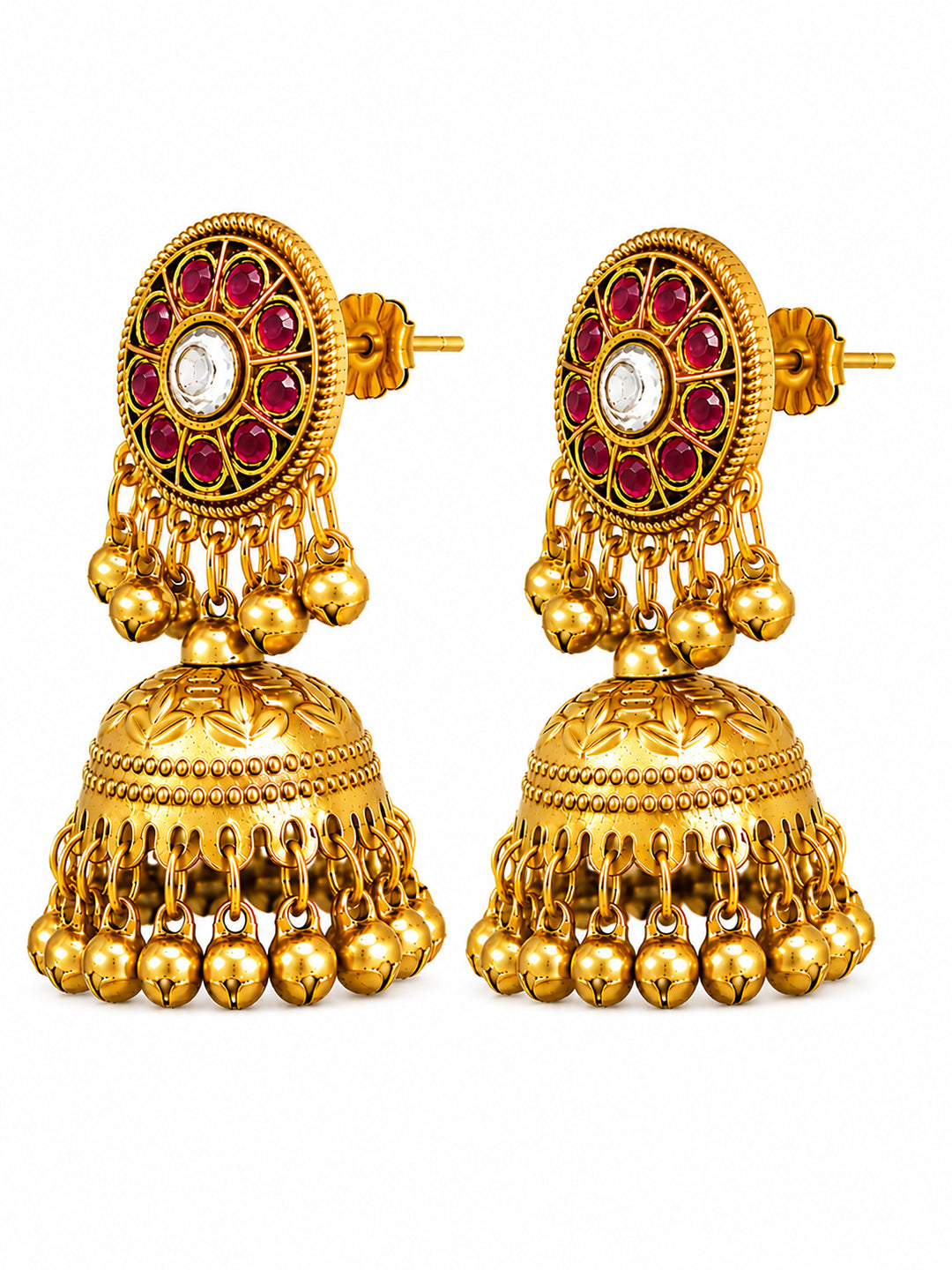 Matte Gold Plated Medium sized Jhumka Earings with Kundan Polki Ghungroo Pearls for Women - Maroon (SJE_340_M)