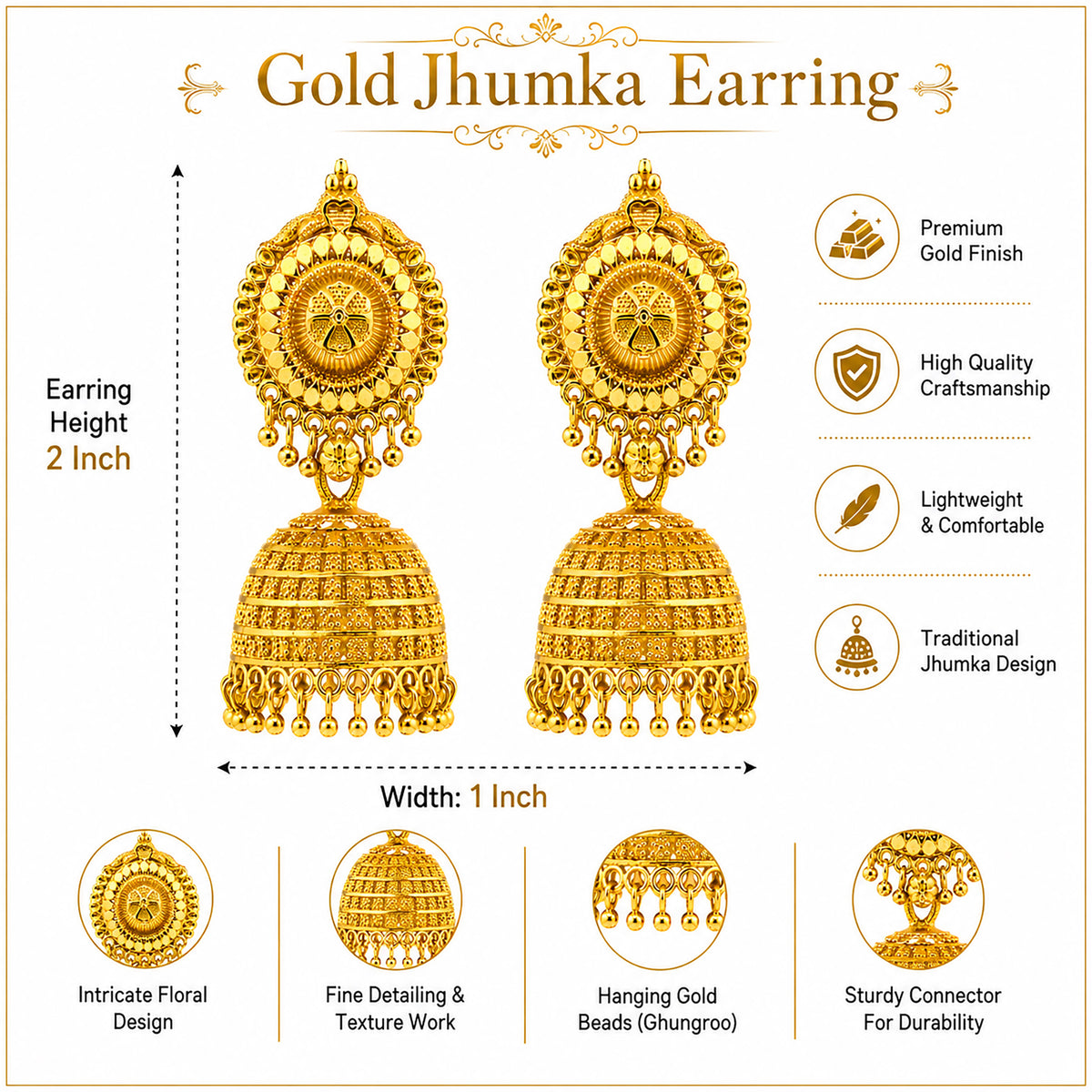 Gold Plated Medium Size Plain Jhumka for Women (SJE_342_D2)