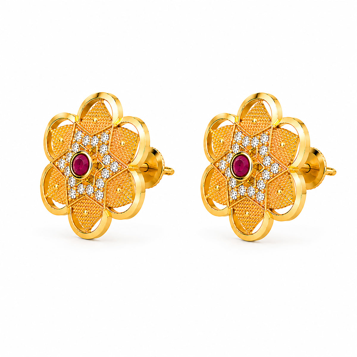 Plain Gold Plated Flower Shaped Stud earring with Maroon Crystal (SJE_347_F)