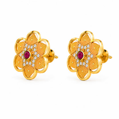 Plain Gold Plated Flower Shaped Stud earring with Maroon Crystal (SJE_347_F)